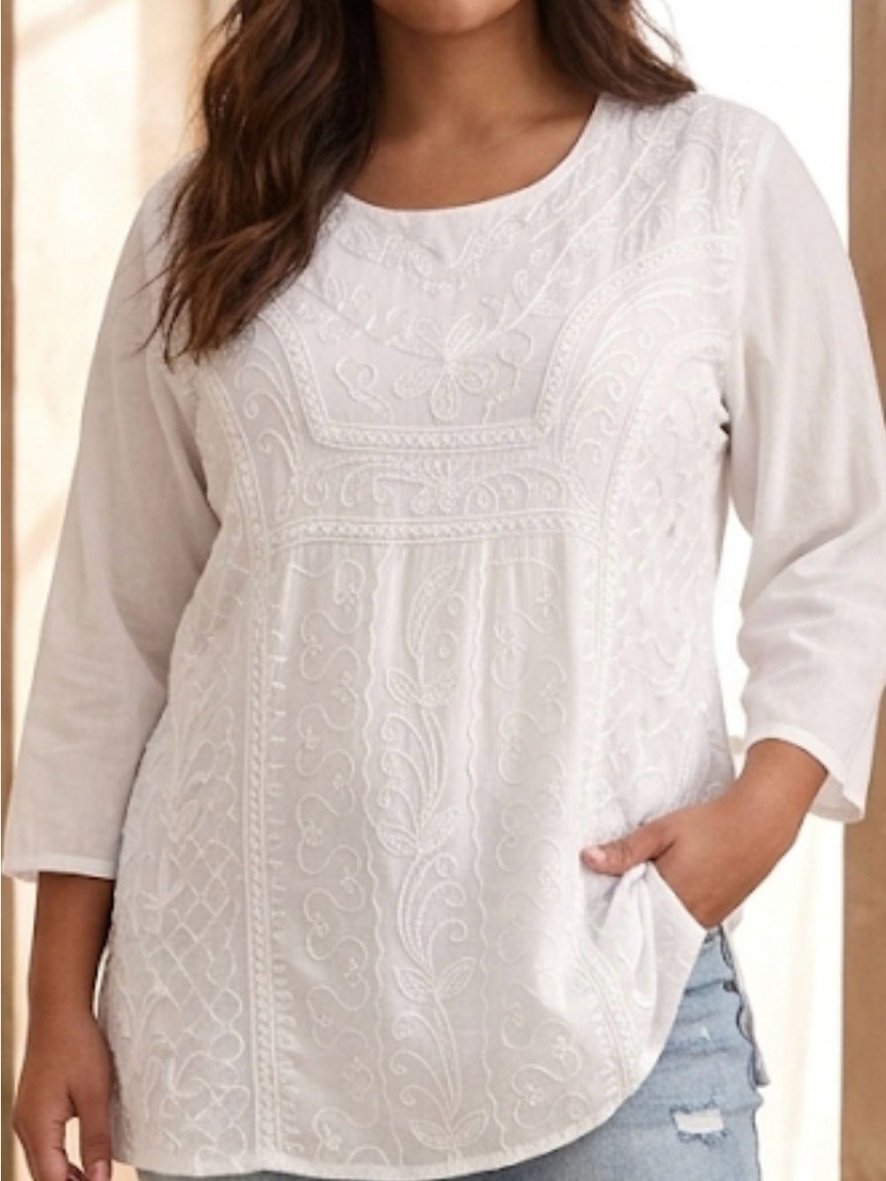 White Embroidered Scoop-Neck Tunic Top